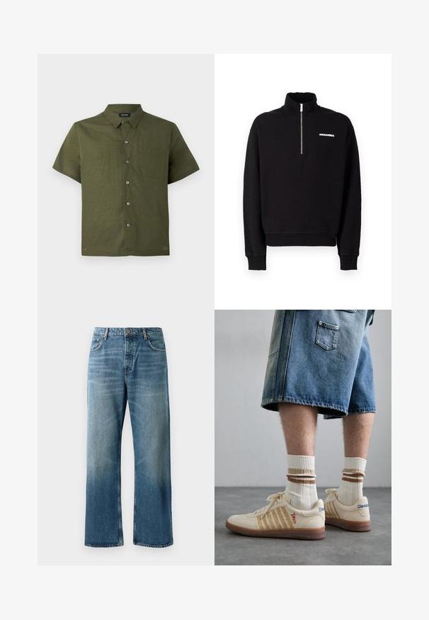Schwarze Zip-up Sweatjacke aus einem Baumwollmischgewebe, mit hohem Kragen, langen Ärmeln und einem Logodetail auf der Vorderseite.; Kurzarmhemd in dunkelolivgrün, aus strukturiertem Stoff; hat eine Knopfleiste und eine einzelne Brusttasche.; Helle blaue, weit geschnittene Jeans mit einer verblassten Waschung, ausgestattet mit einem Ein-Knopf-Verschluss, fünf Taschen und kontrastierenden Nähten.; Beige Retro-Sneaker mit braunem Gummisohle, mit gestreiften Akzenten und gestickten Logos. Getragen mit weißen Socken, gestreiftem braunen Detail.