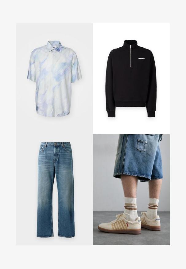 Mustaga tõmblukuga kapuutsiga jaki, mis on valmistatud puuvilla segamakst kangast, omab kõrget kraed, pikkasid varrukaid ja esitlogoga detaili.; Lühikeste varrukatega nööpidega särgid helesinises ja valges, abstraktse akvarellmustriga; valmistatud pehmest kangast; vabalt langev lõige ja kaeluse detail.; Valge puuvillane golfi särk ilma varrukateta, ümmarguse kaelusega, sileda tekstuuri ja sobiva lõikega, mõeldud igapäevaseks kandmiseks.; Heledad sinised laiad teksad, millel on pleekinud pesu, koos ühe nupuga kinnitusega, viie taskuga ja kontrastõmblustega.; Beežid retro tennised pruuni kummitaldaga, millel on triibulised aktsendid ja tikitud logod. Kanda valgete sokkidega, triibuline pruuni detailiga.