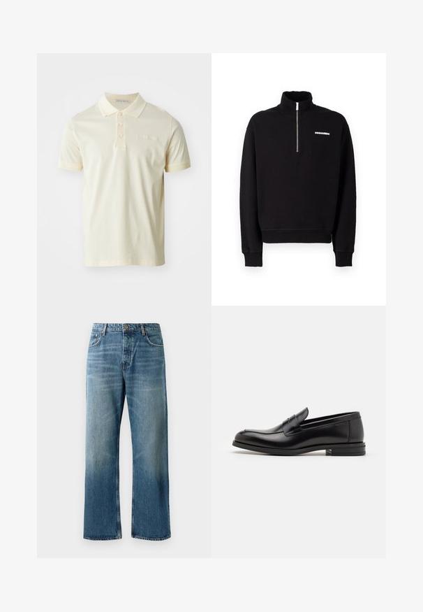 Mustat vetoketjulliset hupparit, jotka on valmistettu puuvillasekoitteesta. Niissä on korkea kaulus, pitkät hihat ja etupuolella logo.; Pikeepaita vaaleankeltaisena, pehmeää puuvillaa. Ominaisuuksina klassinen kaulus, kolmella napilla varustettu nappilista ja lyhyet hihat. Hienovarainen brändilogo rinnassa.; Vaaleansiniset leveät farkut haalistuneella pesulla, joissa on nappisulku, viisi taskua ja erottuva tikkaus.; Mustat nahkakengät, joissa on sileä pinta, pyöreä kärki ja koristeellinen nauha jalkapöydän yli. Matala pinoitu koroke, minimalistinen muotoilu.