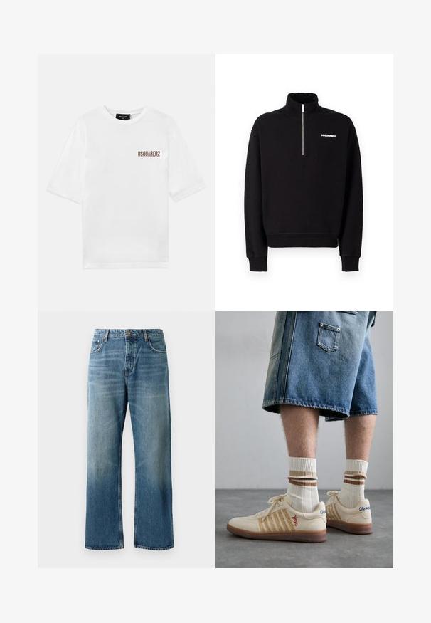 Fekete zipzáras kapucnis pulóver pamut keverék anyagból, magas nyakkal, hosszú ujjakkal és elülső logó részlettel.; Fehér pamut póló rövid ujjal és kerek nyakkivágással, amelyen a bal mellen egy barna nyomtatott logó található, ami a 30. évfordulót jelöli.; Világoskék, széles szárú farmer, elhasználódott mosással, egy gombos záródással, öt zsebbel és kontrasztos varrással.; Bezs árnyalatú retro sportcipők barna gumitalppal, csíkos díszítéssel és hímzett logókkal. Fehér zoknikkal viselve, csíkos barna részletekkel.