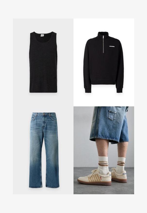 Black zip-up sweatshirt made of cotton blend fabric, featuring a high collar, long sleeves, and a front logo detail.; Black sleeveless tank top made of textured material. Features a round neckline and a subtle logo accent near the hem. Simple design.; Light blue wide-leg jeans with a faded wash, featuring single-button closure, five pockets, and contrasting stitching.; Beige retro sneakers with brown rubber sole, featuring striped accents and embroidered logos. Worn with white socks, striped brown detail.