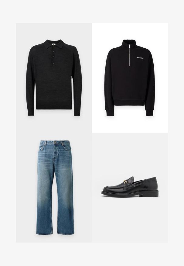 Juodas zip-up džemperis, pagamintas iš medvilnės ir sintetinio audinio mišinio, su aukštu apykakle, ilgomis rankovėmis ir priekyje esamu logotipo akcentu.; Juodas ilgomis rankovėmis polo marškinėliai, pagaminti iš minkštos mezginio medžiagos, su klasikiniu apykakle, penkių mygtukų užtrauktuku ir elastinga apačia.; Šviesiai mėlyni plačiai šlifuoti džinsai su išblukusiu plovimu, turintys vieno mygtuko užsegimą, penkias kišenes ir kontrastingus siūlus.; Juodos odinės loafer tipo bateliai su apvaliuku, su auksinėmis detalėmis ir siuvinėjimo akcentais, įrengti ant žemos, tekstūruotos gumos pado.