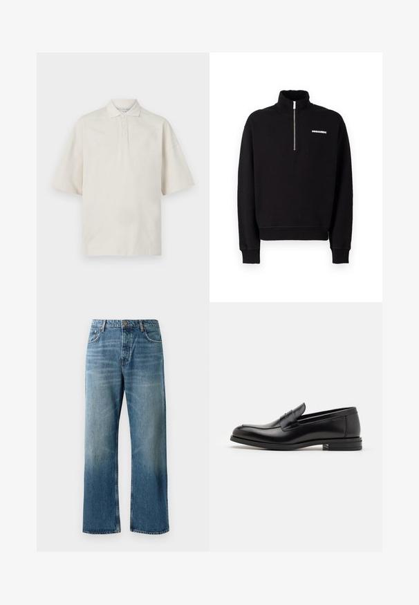 Hanorac negru cu fermoar, dintr-un material din amestec de bumbac, având guler înalt, mâneci lungi și un detaliu cu logo în față.; Polo de culoare bej, cu mâneci scurte, guler, trei nasturi frontali și o textură moale. Are o croială relaxată, dreaptă.; Jeans largi de culoare albastru deschis, cu o spălare estompată, având închidere cu un singur buton, cinci buzunare și cusături contrastante.; Mocasini din piele neagră cu o textură netedă, vârf rotund și o curea decorativă peste partea superioară. Toc mic, design minimalist.