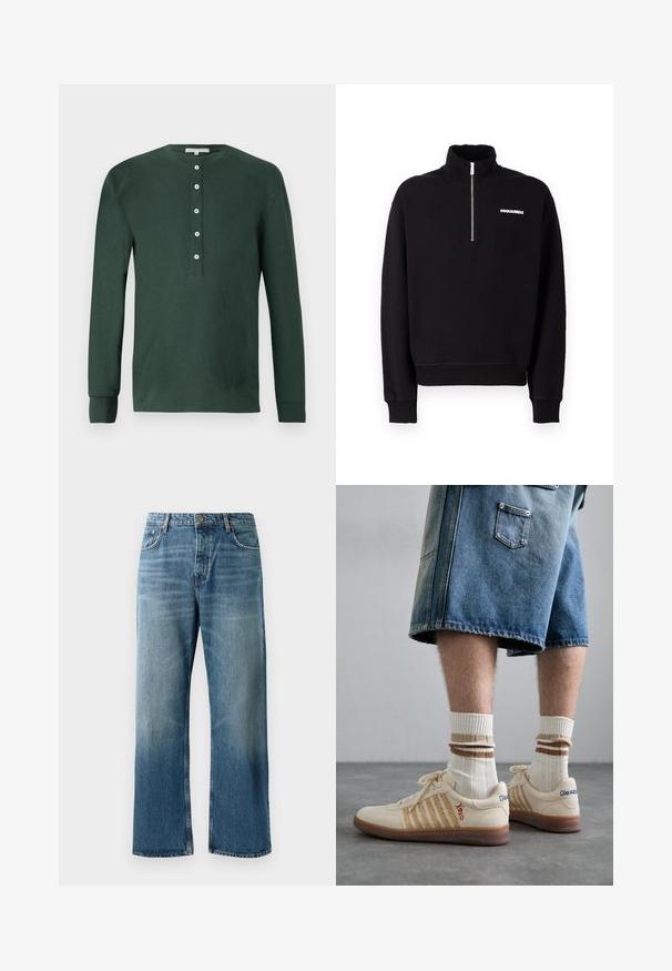 Čierna zipsová mikina vyrobená z bavlnenej zmesi s vysokým golierom, dlhými rukávmi a predným logom.; Tmavozelená dlhá rukávová henley košeľa z bavlny s guľatým výstrihom, piatimi bielymi gombíkmi a rebrovanými manžetami. Hladká textúra.; Svetlomodré široké džínsy s vyblednutým praním, s jedným gombíkom na zapínanie, piatimi vreckami a kontrastným prešívaním.; Béžové retro tenisky s hnedou gumovou podrážkou, so pruhovanými akcentmi a vyšitými logami. Nosené s bielymi ponožkami a pruhovaným hnedým detailom.