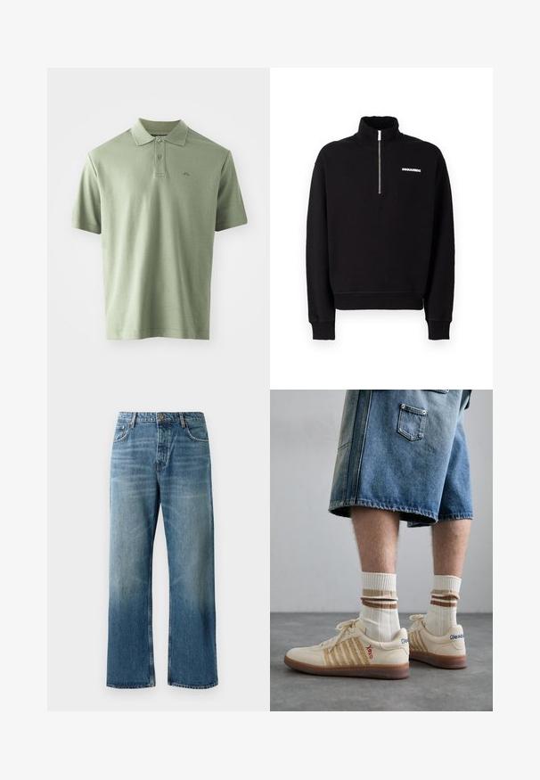 Černá mikina na zip vyrobená z bavlněného směsového materiálu, s vysokým límcem, dlouhými rukávy a předním detailem s logem.; Světlězelená polo košile vyrobená z bavlny, s klasickým límcem, třemi knoflíky a krátkým rukávem. Na hrudi je decentní logo.; Svetle modré kalhoty s širokými nohavicemi a vybledlým vzhledem, vybavené zapínáním na jeden knoflík, pěti kapsami a kontrastním prošíváním.; Bežové retro tenisky s hnědou gumovou podrážkou, zdobené pruhovanými detaily a vyšitými logy. Nosené s bílými ponožkami, pruhovaný hnědý detail.