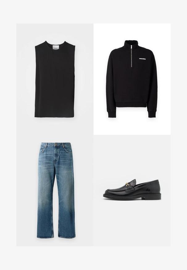 Hanorac negru cu fermoar, dintr-un material din amestec de bumbac, având guler înalt, mâneci lungi și un detaliu cu logo în față.; Top negru fără mâneci, realizat dintr-un material neted, cu un decolteu rotund și o croială lejeră, având cusături curate și fără accente sau modele vizibile.; Jeans largi de culoare albastru deschis, cu o spălare estompată, având închidere cu un singur buton, cinci buzunare și cusături contrastante.; Loaferi din piele neagră cu vârf rotunjit, dotati cu accente aurii și detalii de cusătură, așezați pe o talpă joasă din cauciuc texturat.
