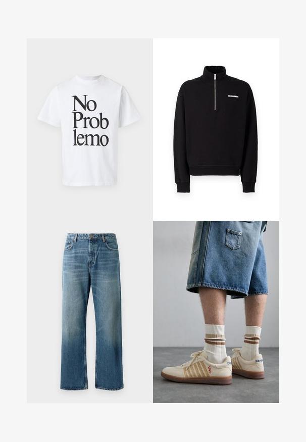 Felpa nera con zip realizzata in un tessuto misto cotone, con colletto alto, maniche lunghe e un dettaglio del logo frontale.; T-shirt bianco in cotone con testo nero che dice "No Problemo" in diverse dimensioni di font. Design classico con collo a giro e maniche corte.; Jeans a palazzo azzurri chiari con lavaggio sbiadito, dotati di chiusura con un bottone, cinque tasche e cuciture in contrasto.; Sneaker retro beige con suola in gomma marrone, dotate di dettagli a righe e loghi ricamati. Indossate con calze bianche e dettagli marroni a righe.