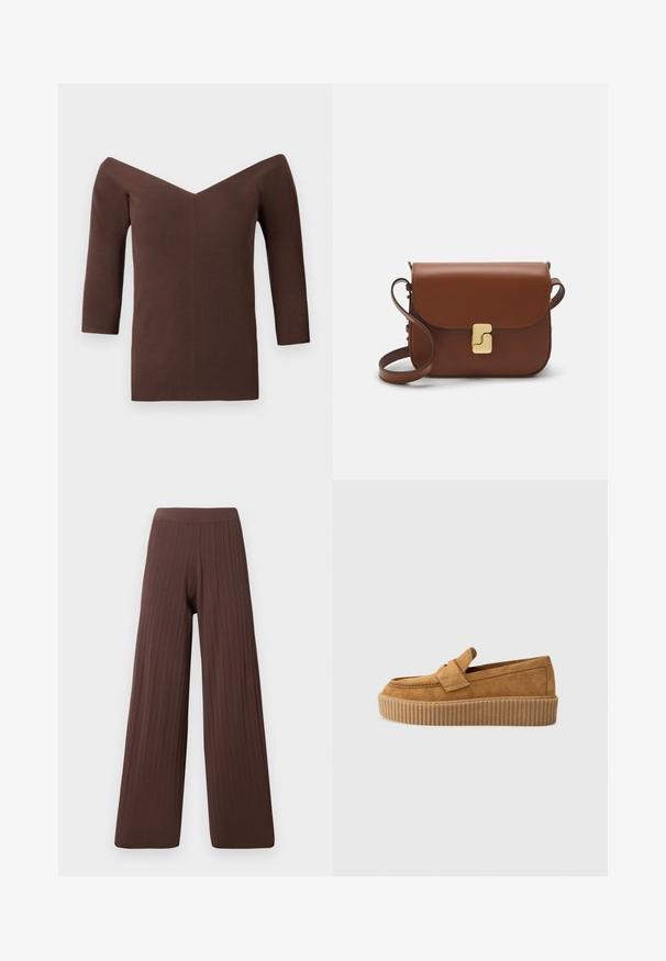 Bruine geribbelde off-shoulder top met een V-hals, voorzien van driekwartmouwen en een getailleerde pasvorm. Zachte textuur overal.; Wijd uitlopende broek in donkerbruin ribfluweel, met een hoge tailleband en een vloeiende silhouet, die textuur en volume benadrukt.; Bruine suède instapper met een ronde neus, voorzien van een ribbelige platformzool en een decoratieve band over de bovenkant.; Bruine leren handtas met een klep sluiting, gouden hardware, een schouderband en een gladde textuur. Compact rechthoekige vorm.