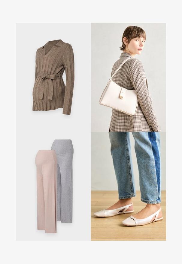 Brauner gerippter Umstandspullover mit V-Ausschnitt, langen Ärmeln und einem gebundenen Taillengürtel, aus weichem Strickstoff gefertigt. Die Textur ist glatt.; Zwei Paare weit geschnittener Hosen, einmal in Hellrosa und einmal in Hellgrau, aus einem weichen, gerippten Strickstoff, mit einem hohen Bund.; Blassrosa Slingback-Ballerinas mit spitzem Punkt, aus einem glatten, lederähnlichen Material. Mit Ausschnitten an den Seiten und einem flachen Absatz.; Weiße Lederhandtasche mit strukturiertem Design, ausgestattet mit einem Magnetverschluss und einem Schulterriemen, präsentiert vor einem neutralen Hintergrund.