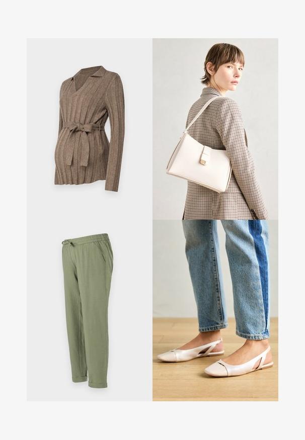 Bruine geribbelde zwangerschapstrui met een V-hals, lange mouwen en een gestrikt tailleband, gemaakt van zachte gebreide stof. De textuur is glad.; Lichtgroene, ontspannen pasvorm broek met een elastische tailleband, trekkoord, zijzakken en opgerolde zomen. Gemaakt van zachte, textuurstof.; Zachtroze slingback ballerina's met een spitse neus, gemaakt van een glad leerachtig materiaal. Bevat uitsnijdingen aan de zijkanten en heeft een platte hak.; Witte leren handtas met een gestructureerd ontwerp, voorzien van een magneetsluiting en een schouderriem, tentoongesteld tegen een neutrale achtergrond.