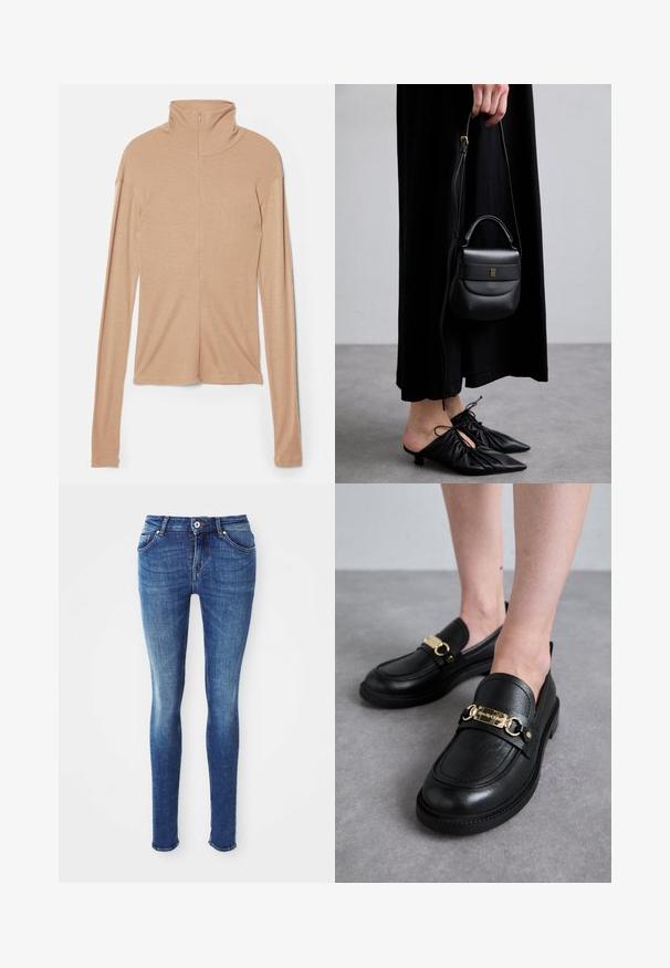 Maglietta a maniche lunghe beige chiaro con colletto alto e zip sul retro, realizzata in un tessuto morbido e liscio; presenta un design aderente e un orlo dritto.; Jeans skinny in denim blu con una texture liscia, vita a media altezza, cinque tasche e leggera scoloritura sulle cosce. Presenta bottone in metallo e zip.; Mocassini in pelle nera con hardware dorato su piedi nudi che stanno su un pavimento grigio.; Piccolo borsetta in pelle nera di forma rotonda, con maniglia superiore e tracolla removibile. Abbinata a un vestito in tessuto nero e scarpe a pieghe nere.; Orecchini a cerchio color oro con un design a spirale, caratterizzati da una texture rigata e una finitura liscia. Costruzione leggera e cava.