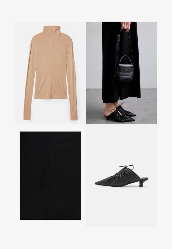 Blusa de manga larga color beige claro con cuello alto y un cierre en la parte posterior, hecha de una tela suave y lisa; presenta un diseño ajustado y un dobladillo recto.; TUSSAH MILLY - Pantalones - black; Mules negros de cuero sin hebillas con punta afilada, textura recogida y un pequeño tacón de gato. Presentan un detalle de cordón en la abertura.; Pequeña bolsa de cuero negra con forma redondeada, asa superior y correa desmontable. Llevada con un vestido de tela negra y zapatos plisados negros.