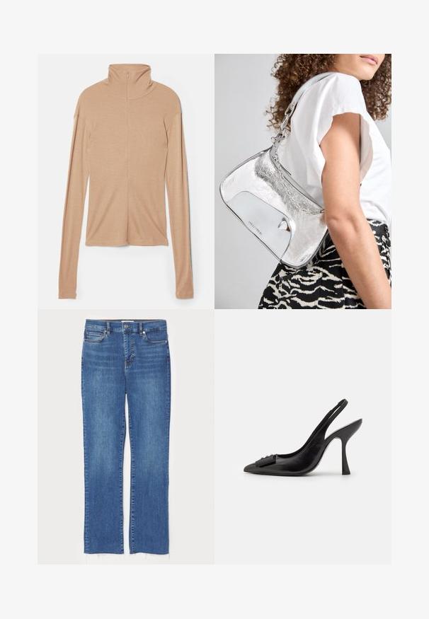 Jasno beżowa bluzka z długim rękawem, wysokim kołnierzem i zamkiem z tyłu, wykonana z miękkiego, gładkiego materiału; ma dopasowany krój i prosty dół.; Niebieskie dżinsy o prostym kroju, z zapięciem na guzik i zamek błyskawiczny, pięcioma kieszeniami oraz postrzępionymi brzegami u dołu.; Czółenka na obcasie z czarnej skóry z odkrytym piętą, o ostrym nosku, smukłym wysokim obcasie i dekoracyjną kokardą. Gładka tekstura i elegancki design.; Srebrna, metaliczna torebka na ramię o gładkiej fakturze, zakrzywionym kształcie, łańcuszkowym pasku oraz wypolerowanej przedniej części z delikatnym grawerem logo.; Srebrne kolczyki o płynnych, spiralnych wzorach. Gładka faktura z polerowanym wykończeniem. Posiadają subtelną poświatę i brak widocznych ozdób.