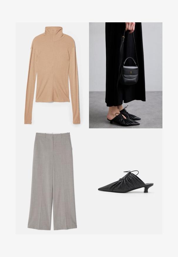 Light beige long-sleeve top with high collar and a back zip, made of a soft, smooth fabric; features a fitted design and straight hem.; Light gray wide-leg trousers in a smooth, textured fabric. Features include side pockets and a tailored fit with a straight cut.; Black leather slip-on mules with a pointed toe, gathered texture, and a small kitten heel. Features a drawstring detail at the opening.; Small black leather handbag with a rounded shape, top handle, and removable strap. Worn with black fabric dress and black pleated shoes.