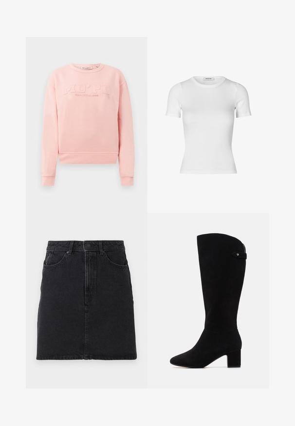 Sweatshirt rosa feito de tecido macio, com punhos e bainha canelados. A parte da frente apresenta o texto em relevo "MO'PD Marc O'Polo DENIM."; T-shirt branca de mangas curtas feita de tecido de algodão canelado. Design ajustado com decote redondo e textura suave. Sem padrões ou adornos.; Saia de ganga preta com corte reto, apresentando um fecho dianteiro com botão e zip, dois bolsos frontais e detalhes de costura simples.; Botas de camurça pretas até ao joelho com ponta fina e salto bloco. Apresentam uma textura suave e um design simples, com um detalhe de tira lateral.