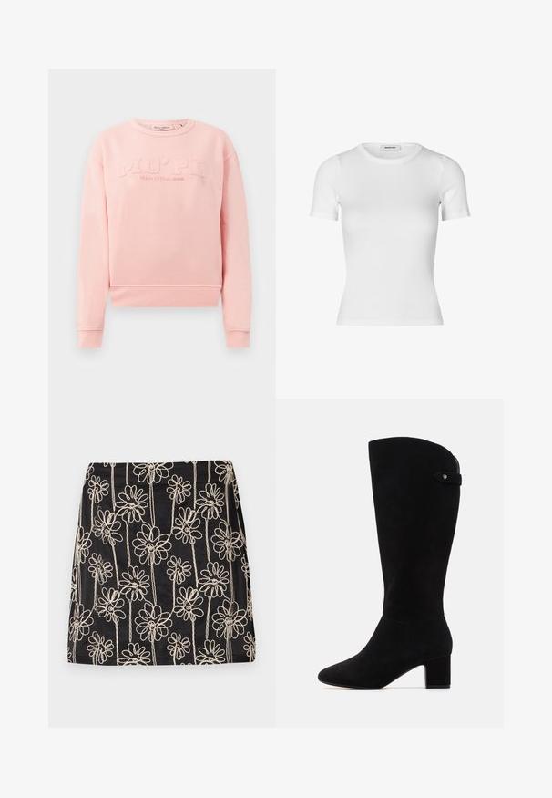 Roze sweatshirt van zacht materiaal, met ribbels aan de mouwen en onderkant. Aan de voorkant staat de reliëftekst "MO'PD Marc O'Polo DENIM".; Witte t-shirt met korte mouwen, gemaakt van ribgewoven katoen. Aansluitend ontwerp met een ronde hals en een soepele textuur. Geen patronen of versieringen.; Zwarte rok met witte bloemembroidery en lusvormige ontwerpen. Soepele textuur en slim-fit vorm, met zichtbare stiksels.; Zwarte suède kniehoge laarzen met een spitse neus en blokhak. Beschikt over een gladde textuur en een eenvoudig ontwerp, met een zijriem accent.