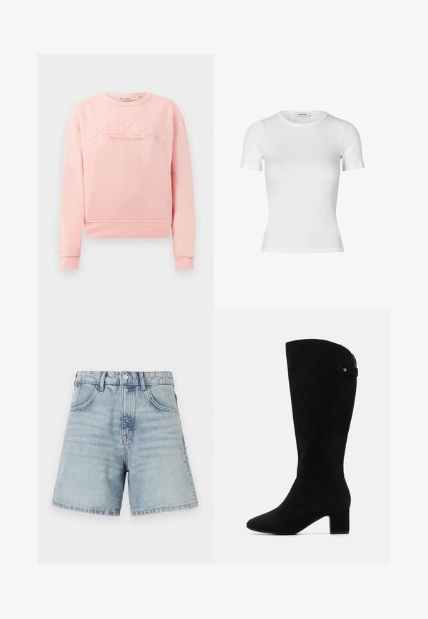 Ružová mikina z mäkkého materiálu, s rebrovanými manžetami a lemom. Na prednej strane sa nachádza embosovaný nápis "MO'PD Marc O'Polo DENIM."; Biela krátka tričko s krátkym rukávom vyrobené z rebrovanej bavlny. Priliehavý strih s okrúhlym výstrihom a hladkou textúrou. Bez vzorov alebo ozdôb.; Svetlomodré denim šortky s vysokým pásom, dizajnom s piatimi vreckami a surovým lemom. Tkanina má jemné vyblednutie a viditeľné detaily šitia.; Čierne semišové čižmy po kolená s špicatou špičkou a blokovým podpätkom. Vyznačujú sa hladkou textúrou a jednoduchým dizajnom, s bočným pásikom ako akcentom.