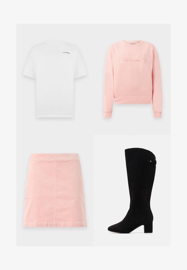 Ružičasti dukserica od mekog materijala, s rebrastim manžetama i donjim rubom. Na prednjoj strani nalazi se utisnuti tekst "MO'PD Marc O'Polo DENIM."; Bijela pamučna majica s kratkim rukavima, okruglim izrezom i malim crnim logotipom s lijeve strane grudi. Glatka tekstura i standardni kroj.; Ružičasta kad odrasla mini suknja s prilagođenim strukom i vertikalnom rebrastom teksturom. Porub je ravan, a dizajn je jednostavan bez ukrasa.; Crne suknje na koljenima od antilopa s špicastim vrhom i blok petom. Imaju glatku teksturu i jednostavan dizajn, s naglaskom na bočnu traku.