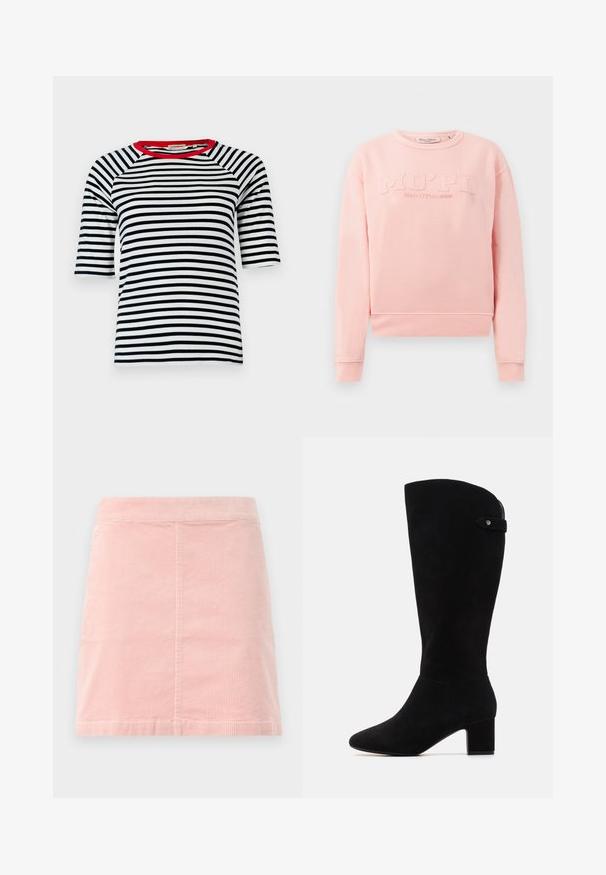 Roosa sügisjakk pehmest kangast, millel on soonikkoes varrukad ja alläär. Esiküljel on reljeefne tekst "MO'PD Marc O'Polo DENIM."; Rö stripeeritud t-särk, millel on tumesinised ja valged horisontaalsed triibud, punane kaelus, raglanvarrukad ning pehme puuvillane materjal, pakkudes mugavat istuvust.; Roosa käärikübar mini-seelik, millel on sobiv talje ja vertikaalne ribakonstruktsioon. Põhi on sirge ja sellel on lihtne disain ilma kaunistusteta.; Mustad sametist kõrge varrega saapad, millel on terav nina ja ploki konts. Omavad sujuvat tekstuuri ja lihtsat disaini, lisatud külgrihmaga aktsent.