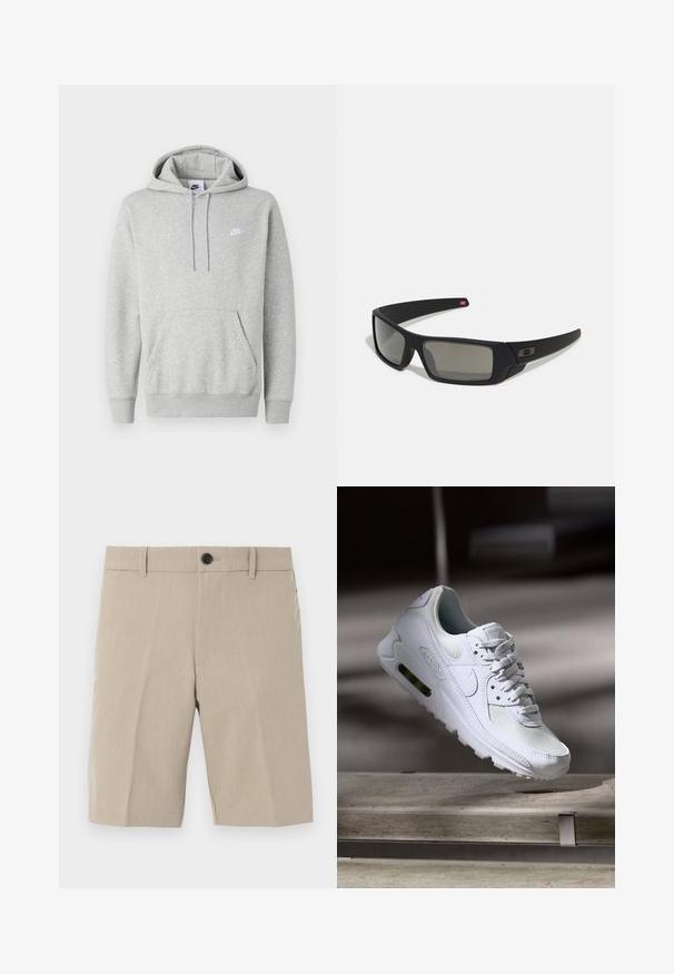 Light gray hoodie made of soft fabric, featuring a kangaroo pocket, drawstring hood, and a small white logo on the chest.; Beige shorts with a flat front, slight texture, single button closure, belt loops, and two side pockets. Tailored fit with knee length.; White Nike Air Max 90 sneaker featuring a mesh and leather upper, perforated toe box, and a visible air unit in the heel.; Black sunglasses with a matte finish, rectangular lenses, slight curve on temples, subtle logo detail, and smoke-tinted lenses.