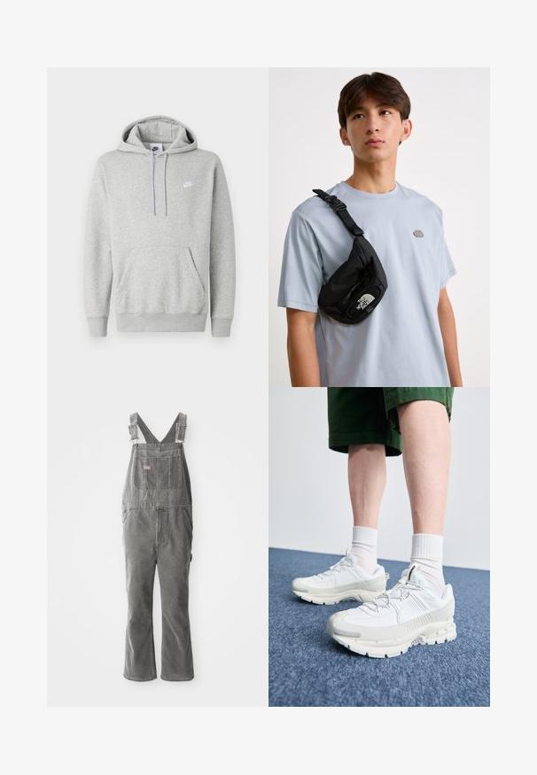 Camisola com capuz cinza claro feita de tecido macio, apresentando um bolso canguru, capuz com cordão ajustável e um pequeno logotipo branco no peito.; Mala de ganga cinza com alças ajustáveis, bolso frontal no peito, bolsos laterais e pernas flared. Tecido resistente e corte descontraído para conforto.; Sapatos atléticos brancos com sobreposições texturizadas, sola espessa e detalhes em cinza. Usados com meias brancas até ao tornozelo e calções verdes sobre uma superfície azul.; Saco crossbody preto em nylon com alça ajustável, apresentando um logotipo branco em destaque. Usado sobre uma t-shirt azul clara. Design simples e funcional.