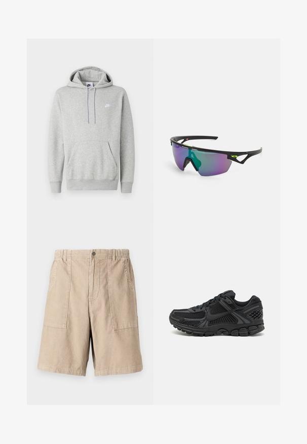 Sweat à capuche gris clair en tissu doux, avec poche kangourou, capuche à cordon de serrage et petit logo blanc sur la poitrine.; Shorts en corduroy beige avec un tissu texturé, deux poches latérales, une taille élastique et une fermeture à un bouton.; Chaussure de sport noire avec tige en mesh, semelle en caoutchouc et accents texturés. Le design comprend un système de laçage prononcé et une semelle rembourrée.; Lunettes de sport avec une monture noire, grandes verres dégradés aux teintes violettes et vertes, et des accents de design angulaires avec un détail de logo.