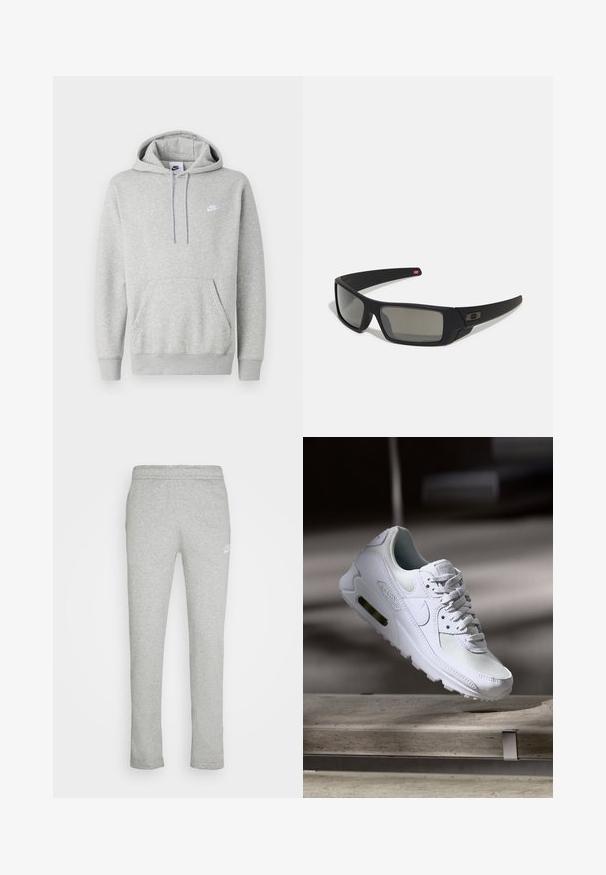 Gaiši pelēks kapučjakas džemperis no mīksta auduma, ar ķengura kabatu, regulējamu kapuci un mazu balto logo uz krūtīm.; Pelēku džemperu bikses, kas izgatavotas no mīksta auduma, ar taisnu griezumu, elastīgu jostasvietu un mazu baltu logo kreisajā augšstilbā.; Baltas Nike Air Max 90 sporta apavi ar sietu un ādas augšdaļu, caurspīdīgu pirksta daļu un redzamu gaisa vienību papēdī.; Melni saulesbrilles ar matētu apdari, taisnstūra lēcām, nedaudz izliektiem tempļiem, smalkiem logotipa elementiem un dūmu nokrāsas lēcām.