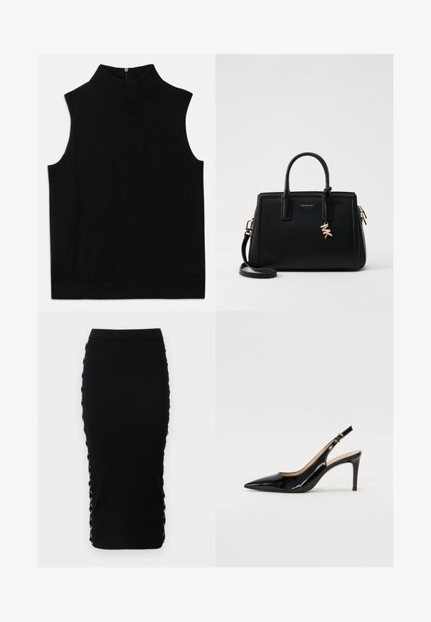 Juodas be rankovių golfas, pagamintas iš minkštos medžiagos, su aukšta apykakle ir užtrauktuku nugaroje. Paprastas dizainas, be raštų ar akcentų.; Juodas raštuotas trikotažo pieštuko sijonas su prigludusia siluetu. Su dekoratyvinėmis skylutėmis ir auksinės spalvos detalėmis šonuose.; Juodas lakinės odos slingback batelis su smailiu nosiu, plonu kulnu ir subtiliu išpjovos dizainu. Yra auksinė sagtis ant dirželio.; Juodas odinis rankinė su struktūrizuotu dizainu, dviem viršutinėmis rankenėlėmis, nuimamu petiniu dirželiu, auksiniais akcentais ir logotipo pakabuku.