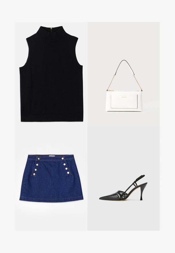 Svart ermeløs turtleneck topp laget av mykt materiale, med høy krage og glidelås bak. Enkel design uten mønstre eller detaljer.; FRAME SAILOR SNAP SKIRT - Jeansskjørt - celestine; Sorte lærhæl med åpen bak, spiss tå, krysset stropp design, og slank stiletthæl. Glatt tekstur og minimale detaljer.; Hvit lærveske med teksturert overflate, utstyrt med gullkjede for å bære over skulderen og svarte detaljer. Inkluderer en frontlomme og glidelås.