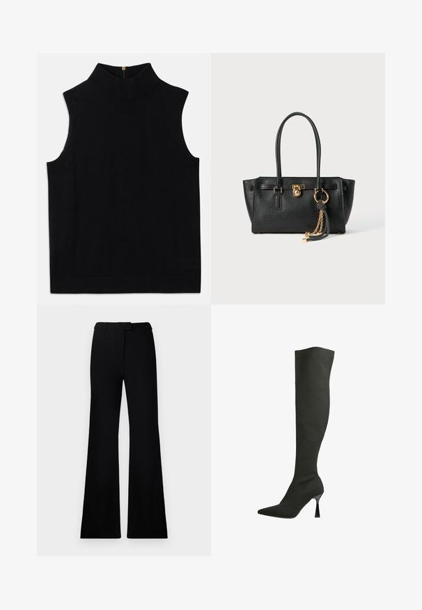 Mustast ilma varrukat turtleneck topist, mis on valmistatud pehmest materjalist, kõrge kraega ja seljas tõmbekindla lukuga. Lihtne disain, ilma mustrite või aktsentideta.; Mustad flared püksid, millel on sile tekstuur, kohandatud vöökoht ja ees olevad taskud, kujundatud laisa, modernse siluetiga.; Lipsy REGULAR FIT - Üle põlve saapad - black; Must musta kott, millel on kahekordsed käepidemed, kuldne lukustus ja kett, ning must-valge tutikate aksessuaar valge tausta ees.
