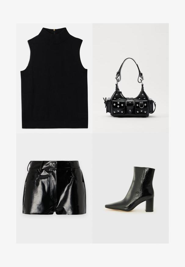 Czarny bezrękawnik z golfem wykonany z miękkiego materiału, z wysokim kołnierzem i zamkiem błyskawicznym z tyłu. Prosty design bez wzorów czy akcentów.; Czarne, błyszczące spodenki wykonane z materiału syntetycznego. Posiadają dopasowaną talię, szlufki na pasek oraz przednie kieszenie z wyraźnymi detalami stębnowania.; Czarne botki za kostkę wykonane z błyszczącej skóry, z wydłużonym noskiem i masywnym, kwadratowym obcasem. Posiadają gładką fakturę i minimalistyczny design.; Czarna skórzana torebka w zakrzywionym kształcie, z srebrnymi ćwiekami, klamrą i dwoma bocznymi kieszeniami. Regulowany pasek umożliwiający różne opcje noszenia.