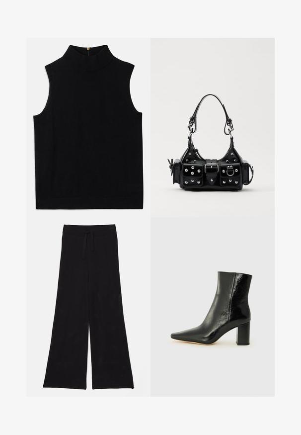 Mustast ilma varrukat turtleneck topist, mis on valmistatud pehmest materjalist, kõrge kraega ja seljas tõmbekindla lukuga. Lihtne disain, ilma mustrite või aktsentideta.; Mustad, laiad jaotustaskudega püksid, mis on valmistatud võrgukangast ja millel on paelaga vöökoht. Tekstuur on hingav ja kerge, sobides igapäevaseks kandmiseks.; Mustad muste saapad, mis on valmistatud läikivast nahast, terava koonuse ja tugeva ruudukujulise kandiga. Omab sileda tekstuuri ja minimalismi kujundust.; Must värvi nahast käekott, millel on kaarjas disain, hõbedased nupukesed, kinnitusahe ja kaks külgtaskut. Reguleeritav rihm erinevate kandmisvõimaluste jaoks.