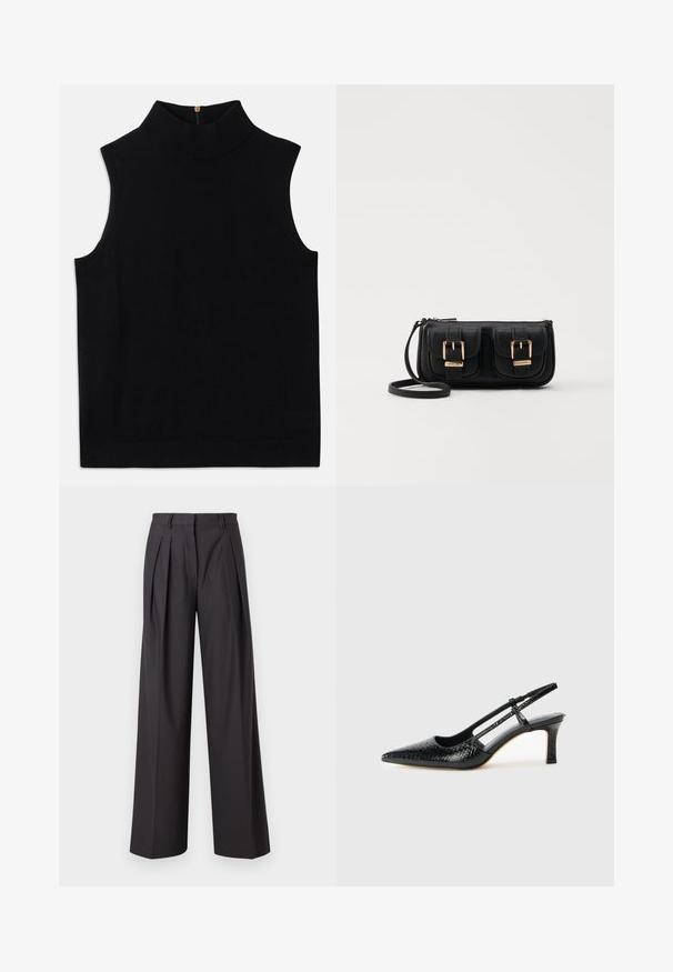 Fekete ujjatlan garbó felső puha anyagból, magas gallérral és hátsó cipzárral. Egyszerű dizájn, minta vagy díszítés nélkül.; Sötét szürke anyagból készült, bő szárú nadrág, elöl pliszírozott, sima textúrájú, közepesen magas derékú, övhurkokkal.; Fekete lakk slingback sarok, hegyes orral, texturált kígyómintával, állítható pánttal és rövid, texturált tömbsarkal.; Fekete bőr keresztbody táska két elülső zsebbel, arany csattokkal, cipzáras záródással és vékony pánttal. Textúrált felület és kompakt téglalap alak.