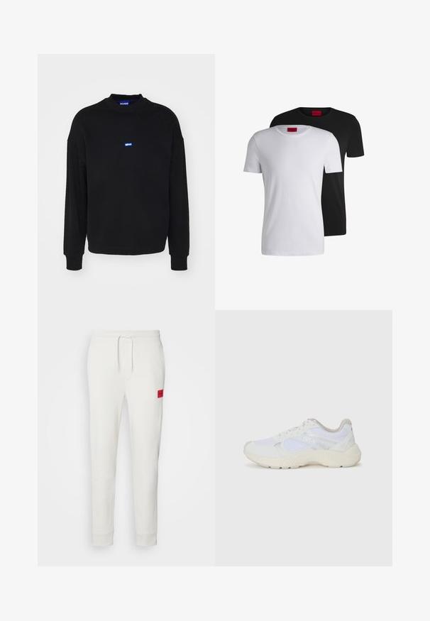 Black sweatshirt with long sleeves and ribbed cuffs. Features a small blue logo centered on the chest. Made of soft fabric.; Two cotton t-shirts, one white and one black, featuring short sleeves and round necklines, with a prominent red label at the collar.; HUGO DOAK - Tracksuit bottoms - natur; White athletic shoes made of mesh and suede, featuring a textured midsole, textured accents, and "HUGO" logo on the side.