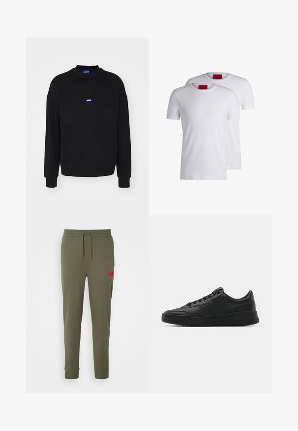 Czarny sweatshirt z długimi rękawami i ściągaczami. Posiada małe niebieskie logo umieszczone na środku klatki piersiowej. Wykonany z miękkiego materiału.; Dwie gładkie białe koszulki z okrągłym dekoltem, krótki rękaw, wykonane z bawełny, z czerwonym metkiem HUGO przy dekolcie. Bez wzorów ani grafik.; HUGO - Spodnie treningowe; Czarny sneakers z gładkiej skórzanej cholewce, okrągłym nosku, płaskimi sznurówkami, wyściółką kołnierza i minimalistycznym designie. Gumowa podeszwa z delikatnym wzorem bieżnika.
