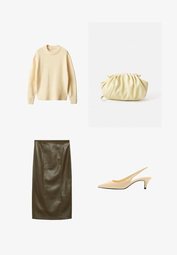 Cream-colored knit sweater with a round neck, ribbed cuffs, and hem. Soft texture with a slightly loose fit, featuring a simple, clean design.; Olive green faux leather pencil skirt with a smooth texture, knee-length, featuring vertical seams for a tailored look.; Beige leather slingback pump with a pointed toe, low kitten heel, and a smooth matte finish. Accented with a narrow cutout at the sides.; Yellow pleated handbag made of smooth faux leather, featuring a soft shape with a single shoulder strap and gathered top design.