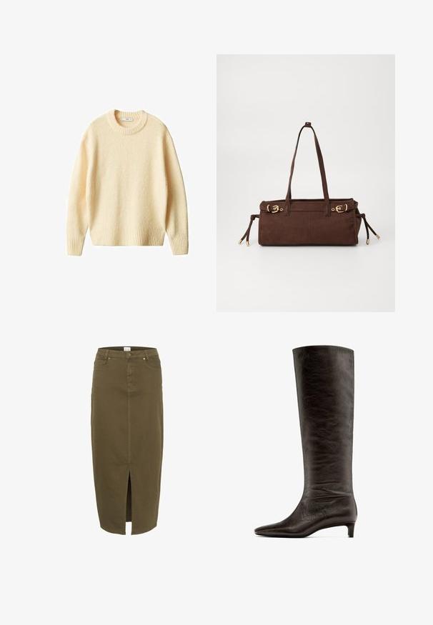 Krémový pletený svetr s kulatým výstřihem, žebrovanými manžetami a lemem. Měkká textura s mírně volným střihem, s jednoduchým a čistým designem.; Sukně z denimového materiálu olivově zelené barvy, do kolen, s předním rozparkem, poutky na opasek a dvěma předními kapsami, s jemnými švy jako akcenty.; Černé kožené kozačky až ke kolenům s špičatou špičkou a nízkým, zúženým podpatkem. Hladký povrch s jemným efektivním vrásněním.; Hnědá semišová taška přes rameno se dvěma ramenními popruhy, zlatými kovovými detaily a nastavitelnými bočními stahovacími šňůrkami. Obsahuje zipové uzavření a hladký povrch.