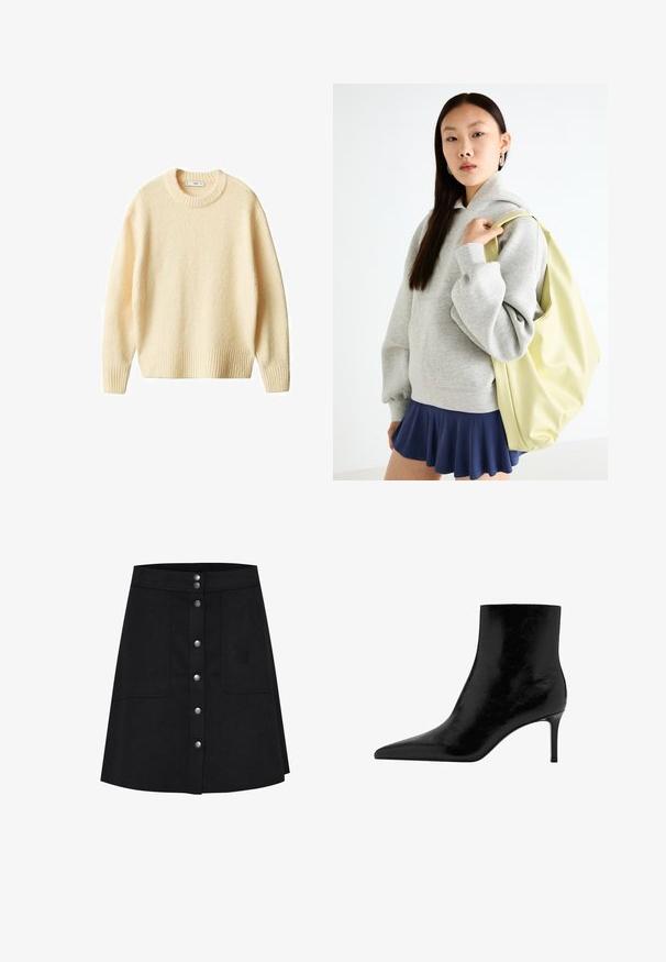 Kremasti pleteni pulover s okruglim izrezom, rebrastim manžetama i donjim rubom. Mekana tekstura s lagano opuštenim krojem, s jednostavnim i čistim dizajnom.; Bijela pamučna majica kratkih rukava s asimetričnim rubom ukrašenim detaljnom čipkom na donjem rubu.; Crna A-line suknja od teksturirane tkanine, s prednjim kopčanjem na gumbe, dva bočna džepa i dužinom do koljena.; Crni gležnjači sa dizajnom u obliku špice, napravljeni od sjajne kože. Imaju štiklu i glatku teksturu. Nema vidljivih ukrasa.; Sivi oversized dukserica s kapuljačom i kengur džepom, u kombinaciji s mornarsko plavom suknjom šireg kroja. Dodatak: velika svijetlo žuta torba, glatke teksture.