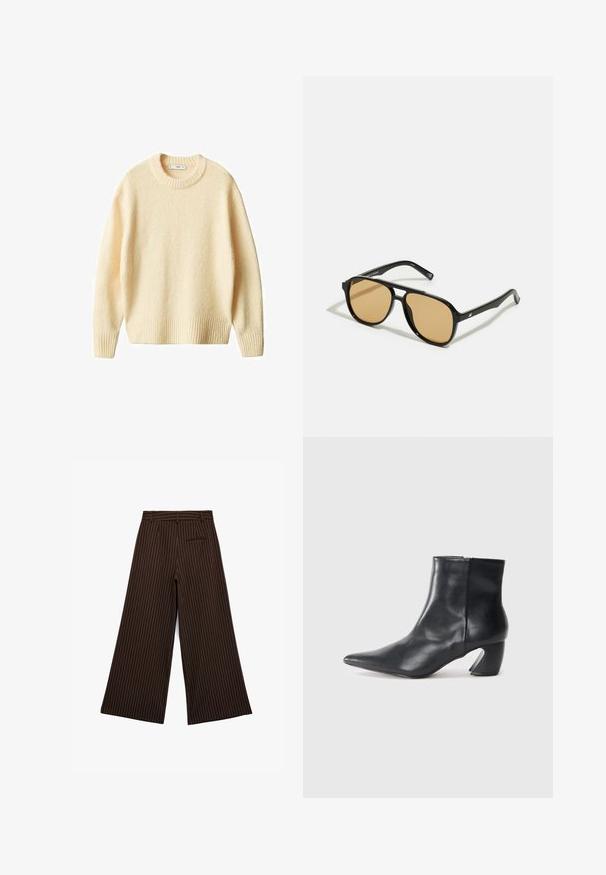 Kermakotoinen neulepaita pyöreällä kaula-aukolla, ribboitujen hihansuiden ja helman kanssa. Pehmeä rakenne ja hieman löyhä istuvuus, yksinkertainen ja siisti muotoilu.; Ruske leve hlače z belimi črtami, ki imajo pas, zanke za pas in zadnji žep. Gladka textura in kroj zagotavljata eleganten videz.; Musta nahkasaappaat nilkkamittaisella varrella, terävä kärki, hoikka siluetti ja erottuva geometrinen tukijalka. Silkkinen pinta ja sivuvetoketju.; Mustat aurinkolasit ruskeilla sävyillä; suorakaiteen muotoiset, joissa on paksu kehys ja hienovaraiset metallikoristeet varsissa.