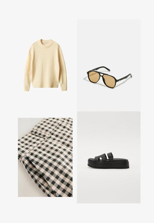 Pulover tricotat de culoare crem, cu guler rotund, mansete și tiv cu bordură. Textură moale, cu o croială ușor lejeră, având un design simplu și curat.; Țesătură pătrată neagră și bej cu o textură netedă. Detaliul arată o secțiune îndoită cu un buzunar și linii de finisare curate.; Sandale negre cu talpă înaltă, cu două curele largi, fabricate dintr-un material neted. Prezintă o talpă robustă cu un fund texturat pentru aderență.; Ochelari de soare negri cu lentile de culoare maro; formă rectangulară cu un cadru gros, inclusiv accente hardware subtile pe mânere.