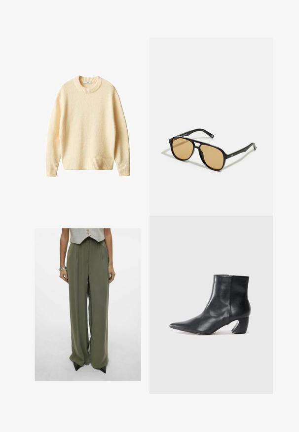 Kremno obarvan pleteni pulover s okroglim ovratnikom, rebrastimi manšetami in robom. Mehka tekstura s nekoliko ohlapnim krojem, ki ima preprost in čist dizajn.; Olivno zeleni široki hlače z gladko teksturo, s visokim pasom in nagubanim sprednjim delom. V kombinaciji z oglatimi črnimi petami.; Črne usnjene gležnjarje s koničastim nosom, vitko silhueto in značilnim geometrijskim blokastim peto. Gladka tekstura z stranskim zadrgo.; Črne sončne očala z rjavim odtenkom leč; pravokotna oblika s širokim okvirjem, vključno z diskretno kovinsko dekoracijo na obeh strani.