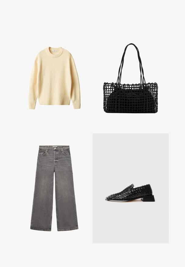 Kremno obarvan pleteni pulover s okroglim ovratnikom, rebrastimi manšetami in robom. Mehka tekstura s nekoliko ohlapnim krojem, ki ima preprost in čist dizajn.; Široke hlače iz bledega sivkega denima. Imajo zadrgo na sprednji strani, pet žepov in vidno šivanje ob šivih.; Črne usnjene pletene natikače z nizko blok peto in valovitim robom, prikazane na beli podlagi.; Črna tkanina torba z odprtim mrežastim dizajnom in dvema dolgima ročajema. Ima trden črn notranji del torbe za shranjevanje.