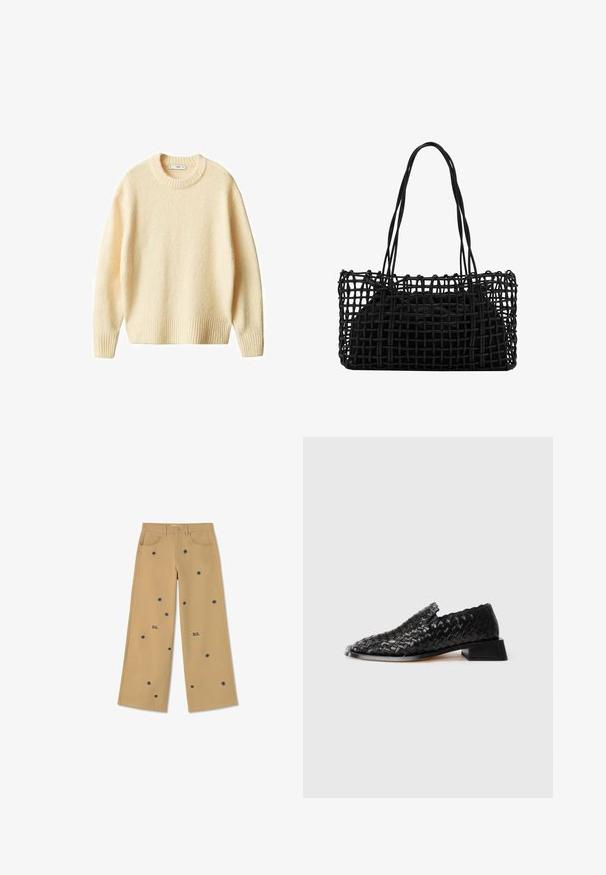 Maglione di colore crema in maglia, con collo rotondo, polsini e orlo a coste. Texture morbida con una vestibilità leggermente ampia, caratterizzato da un design semplice e pulito.; Thinking Mu HEDDA - Pantaloni - camel; Scarpa slip-on in pelle nera intrecciata con tacco basso e bordi scallopati, esposta su uno sfondo bianco.; Borsa a tracolla nera intrecciata con un design a rete aperta e due lunghe maniglie. Presenta una borsa interna nera solida per la conservazione.