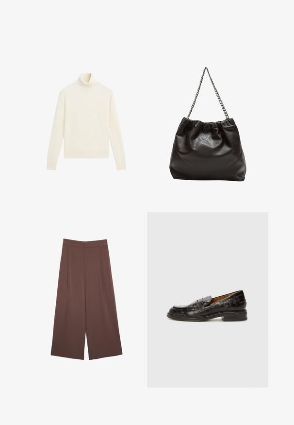 Cream turtleneck sweater, soft knit texture, slim-fit design, long sleeves, and a ribbed collar and hem.; Brown wide-leg trousers with a smooth texture, featuring a high waist and front pleats. The fabric is lightweight and flows loosely.; Billi Bi Slip-ons - espresso; Brown leather bag with a gathered top and a chain strap. Smooth texture with a glossy finish and subtle seam detailing on the sides.