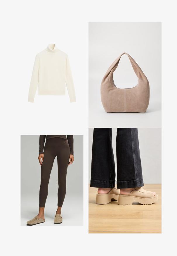 Maglione a collo alto crema, texture in maglia morbida, design aderente, maniche lunghe e colletto e orlo a costine.; Leggings marroni a vita alta realizzati in un materiale elastico, design aderente con una superficie liscia, abbinati a comodi zoccoli beige.; Sandali piattaforma beige con tomaia in suede liscia, design open-toe, suola spessa e branding discreto, abbinati a jeans svasati scuri.; Borse hobo realizzata in morbido materiale scamosciato di colore beige chiaro. Caratterizzata da una forma arrotondata con una tracolla ampia e chiusura con zip.