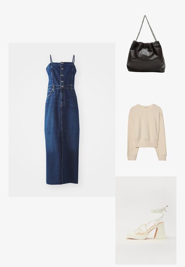 Bež dolg rokav, skrajšan pulover z rebrastim okroglim ovratnikom, manšetami in robom, položen na belem ozadju.; Denim obleka s prilegajočim trupom in širokim krilom. Ima nastavljive naramnice, gumbasto zapiranje spredaj in sprednje žepe. Temno modra barva.; Bela sandala na visokih petah s debelim petam, ki ima obliko trakcev in vezanje okoli gležnja. Gladka tekstura z platformo spredaj za dodatno višino.; Rjava usnjena torba z nabranim vrhom in verižnim trakom. Gladka tekstura z sijajno površino in subtilnimi šivi na straneh.