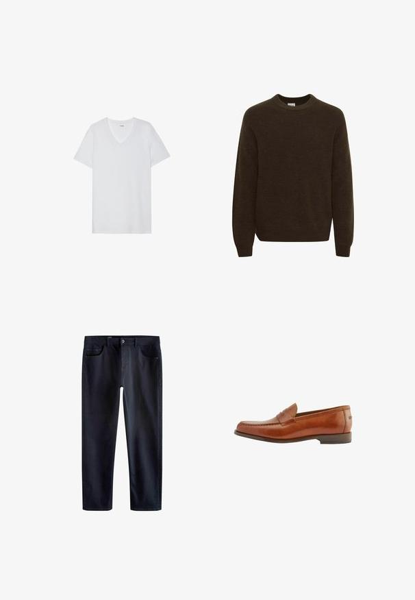 Hnědý pletený svetr s kulatým výstřihem, dlouhými rukávy a měkkou texturou. Design má po celé ploše žebrovaný vzor.; Bílý krátký rukáv tričko s výstřihem do V, hladkou texturou, lehkým materiálem a nenápadným logem blízko límce.; Tmavě modré džíny s klasickým rovný střih, vyrobené z denimu. Mají pět kapes a standardní zapínání na knoflík.; Hnědá kožená mokasína s hladkým povrchem, kulatou špičkou a dekorativním švem přes nárt. Nízký podpatek a design na sklouznutí.