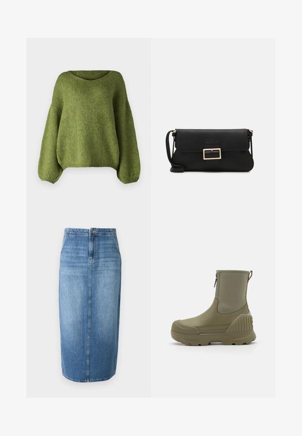 JDY JDYDINEA REVERSIBLE - Jersey de punto - fern; Falda lápiz de mezclilla en azul claro con corte recto, cierre de botones en la parte delantera y un ligero desgaste. El dobladillo queda justo por encima de la rodilla.; Botas de tobillo impermeables verdes con un upper de goma suave, cremallera lateral y acentos de goma texturizada en el tacón para mayor agarre y estabilidad.; Bolso de mano de cuero negro con una solapa y un detalle de hebilla de metal dorado. Incluye una correa negra y un diseño elegante y minimalista.