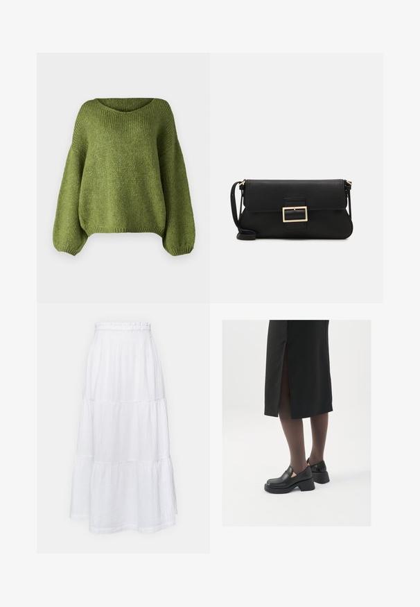 JDY JDYDINEA L/S REVERSIBLE - Jumper - fern; GAP PULL ON SKIRT - Maxi skirt - off white; Black leather shoes with a rounded toe, thick block heel, and elastic side accents, paired with dark tights and a black skirt with a slit.; Black leather clutch bag with a flap and a gold metal buckle detail. Includes a black strap and a sleek, minimalist design.
