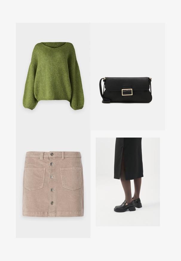 JDY JDYDINEA REVERSIBLE - Trui - fern; ONLY ONLAMAZING HW LIFE PNT N - Minirok - goat; Zwarte leren schoenen met een ronde neus, dikke blokhak en elastische zijkanten, gecombineerd met donkere panty's en een zwarte rok met een split.; Zwarte leren clutch met een klep en een gouden metalen sluiting. Inclusief een zwarte schouderband en een slank, minimalistisch ontwerp.; Zilveren creolen met een gedraaide ontwerp, voorzien van een gepolijste afwerking en een post-back sluiting. Meet ongeveer 3 cm in diameter.